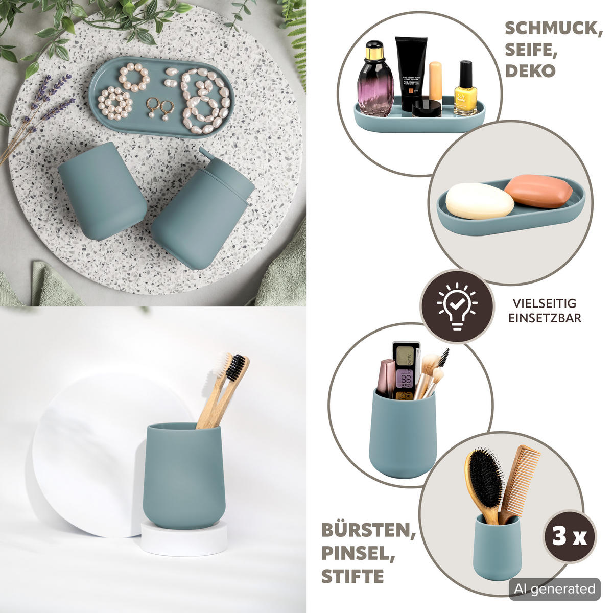 BAD-ACCESSOIRES-SET TESERO 5tlg., Soft-Touch, hellblau - Hellblau, Kunststoff (8.5/10.5/9cm) - eluno