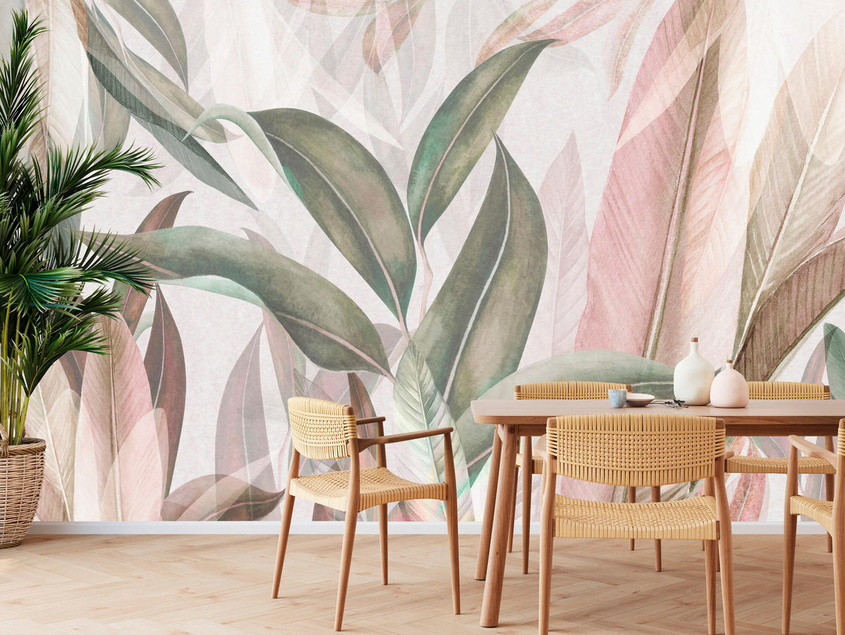 FOTOTAPETE für Wohnzimmer Empfindlich Pastell Bananenblätter 400x280 - Beige/Rosa, Papier (400/280cm) - Muralo