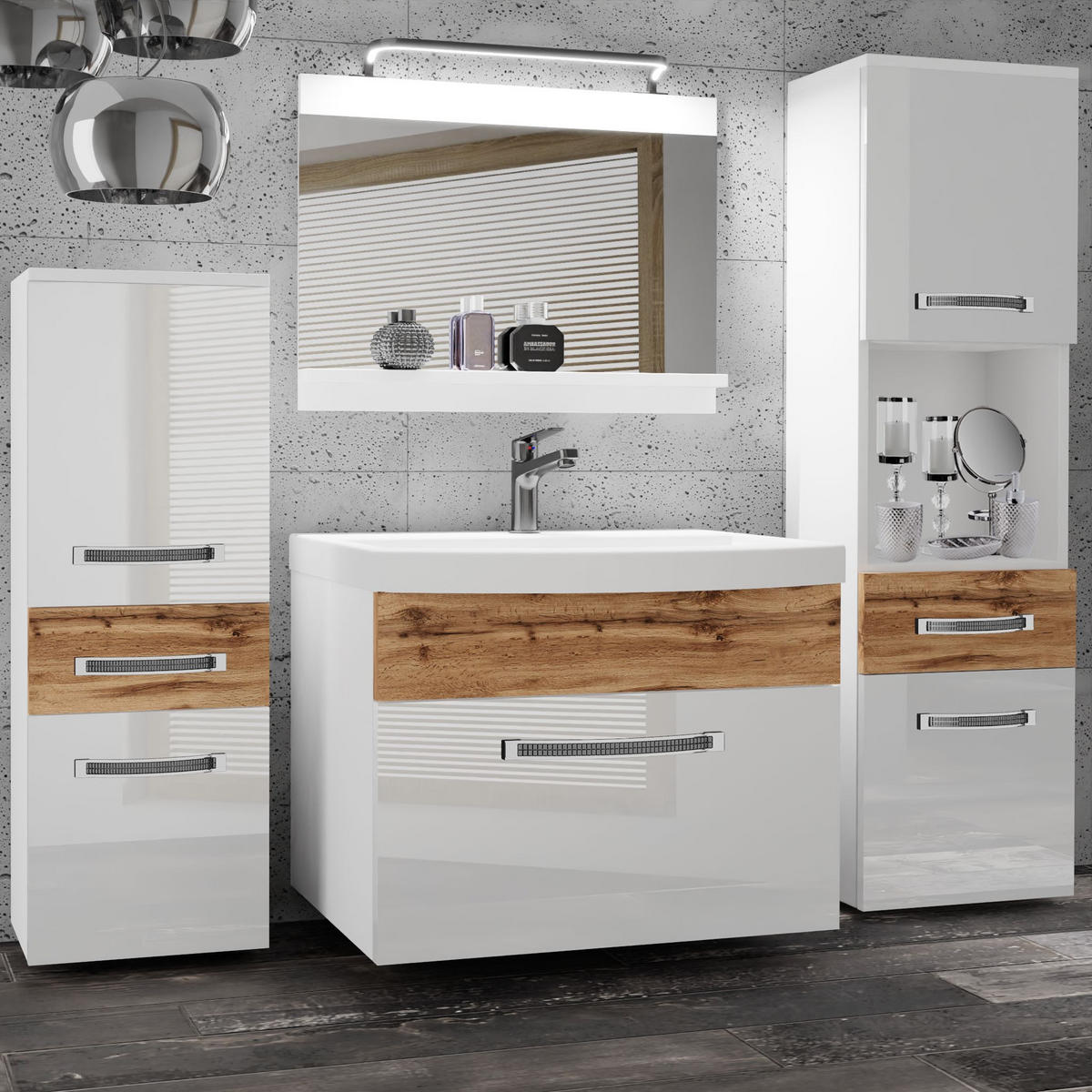 BADMÖBEL Badezimmer Weiß Wotan Eiche Glänzend Matt - Eiche Wotan/Weiß, Holz (140/113/40cm) - B BELINI GROUP