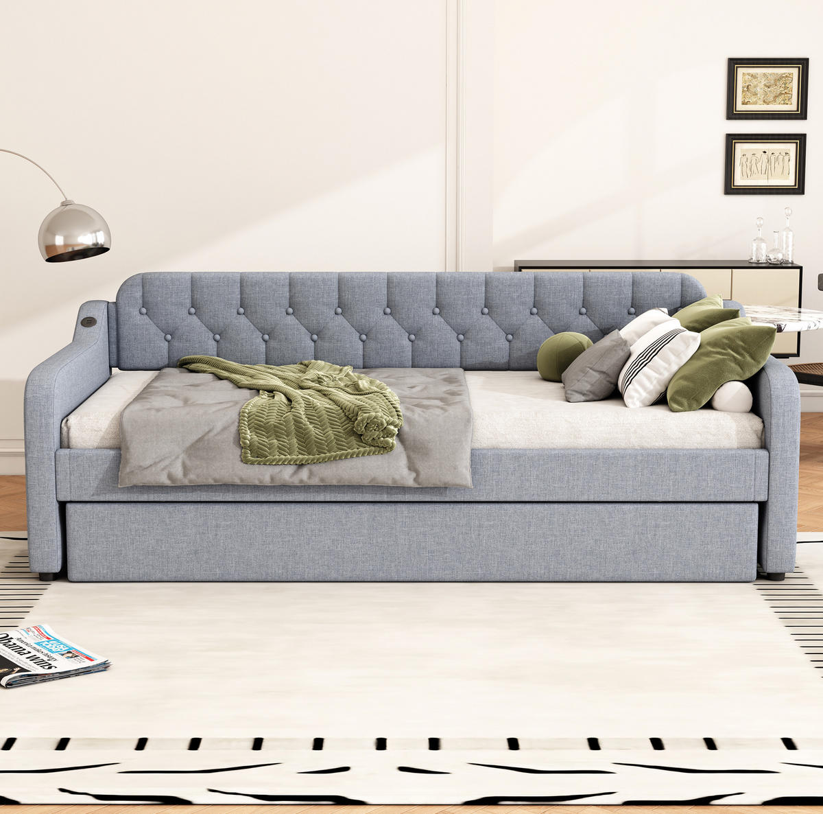 ČALOUNĚNÁ postel 90/200 cm šedá, s výsuvným lůžkem a USB portem, lněný potah - šedá, textil (90/200cm) - BEAOK