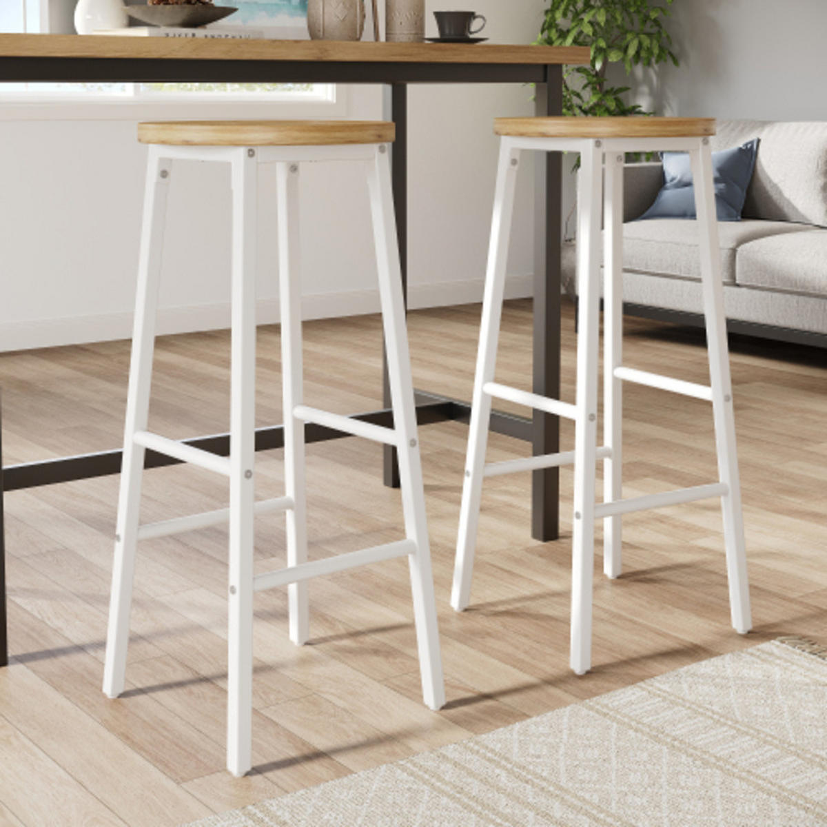 KÜCHENINSEL-SET 138-204×39×105 cm mit 2 Barhockern aus MDF und Metall, weiß mit Holzoptik - Weiß, Holzwerkstoff (204/105/39cm) - Luhomfu