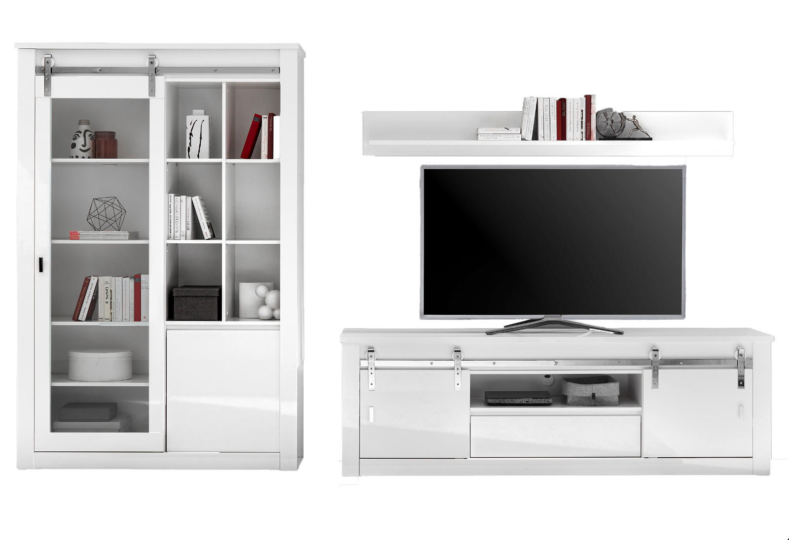 WOHNWAND weiß Hochglanz 349 cm 3-teilig, Wohnkombination mit Soft-Close - Chromfarben/Weiß Hochglanz, Glas/Holzwerkstoff (349/201/43cm) - Furn.Design