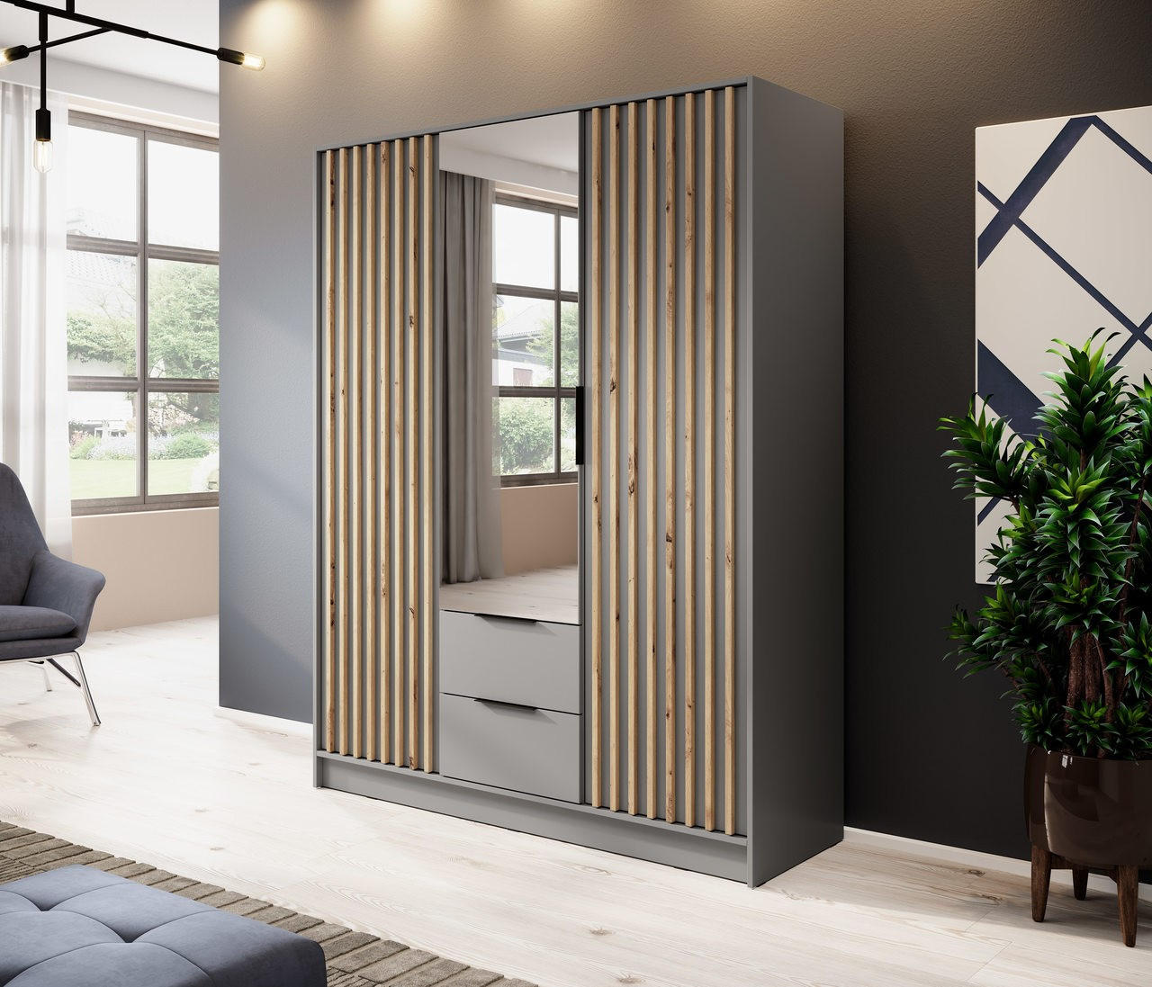KLEIDERSCHRANK Nelly Grau, Schrank Dreitürige, Garderobe mit Spiegel und Schubladen - Grau, Holzwerkstoff (155/200/51cm) - Bettso
