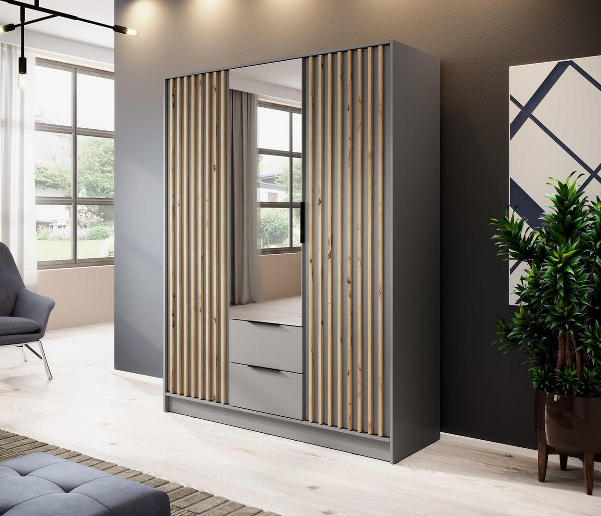 KLEIDERSCHRANK Nelly Grau, Schrank Dreitürige, Garderobe mit Spiegel und Schubladen - Grau, Holzwerkstoff (155/200/51cm) - Bettso