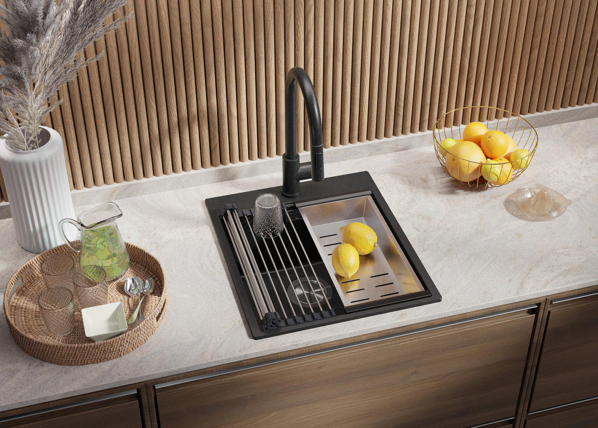 SPÜLBECKEN Oslo, 2-er set Anthrazit 43/50 cm 1 Becken + Ablauf-Set + Schneidebrett ab 45er Unterschrank - Chromfarben/Anthrazit, Kunststoff (43/20/50cm) - Primagran