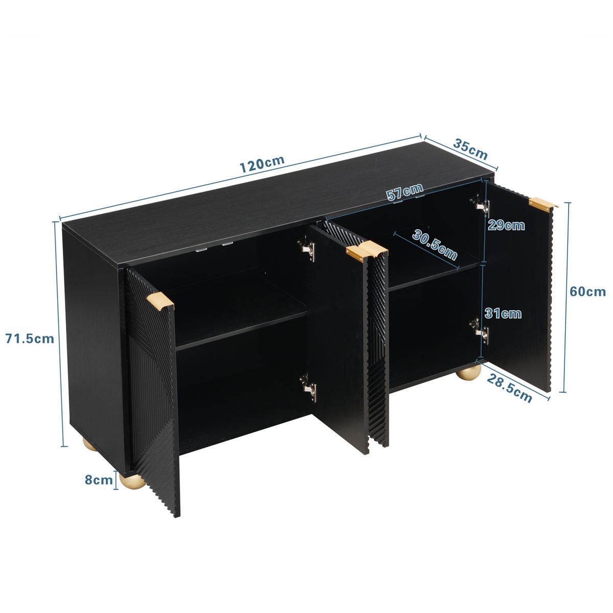 KOMODA 120/35/71,5 cm crna od MDF-a s 4 gravirana vrata i podesivim policama - crna, drvni materijal (120/71.5/35cm) - OKWISH