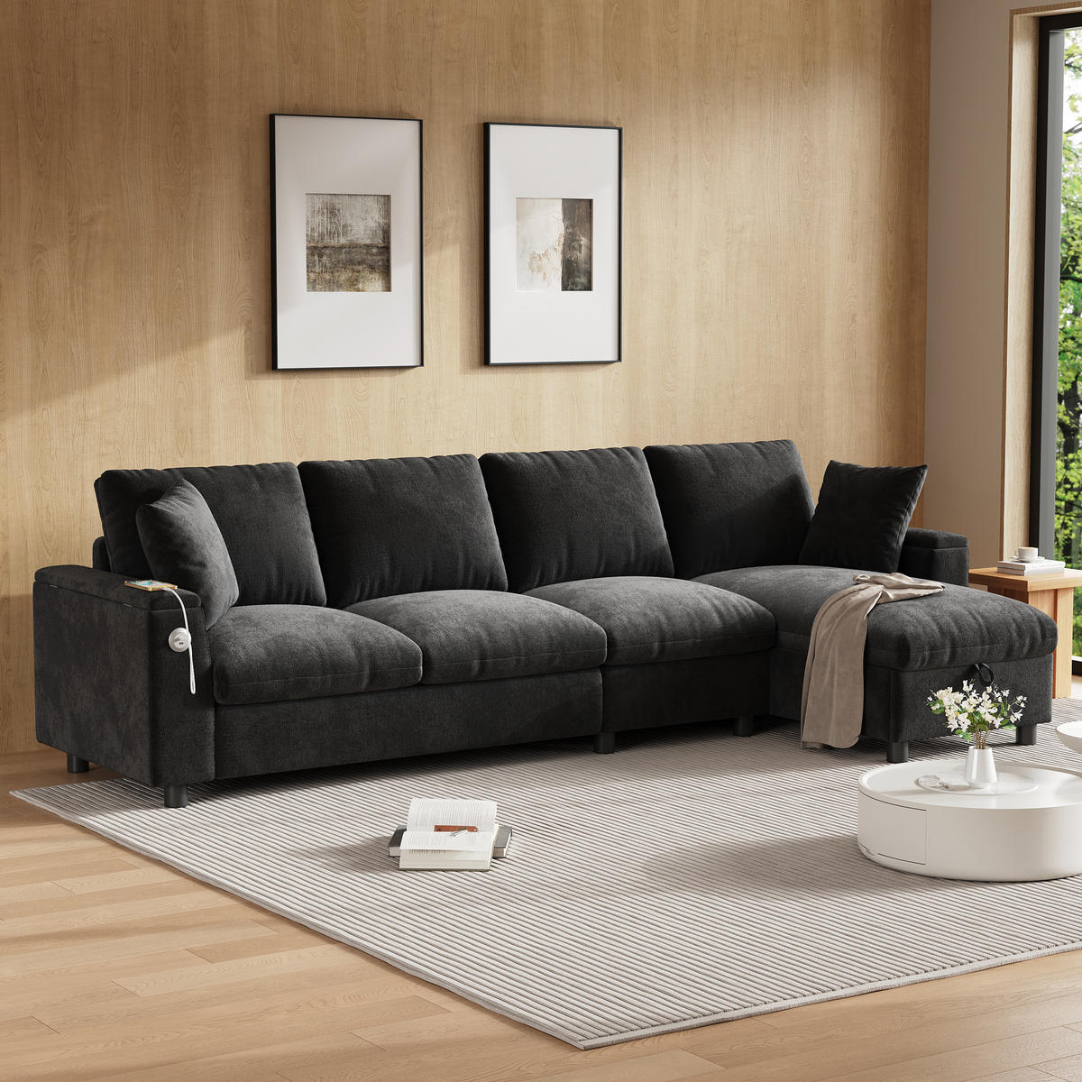 SOFA Grau L-Form Chenille Stauraum USB Couchtisch flexibel - Grau, Textil (137/84/280cm) - FLIEKS