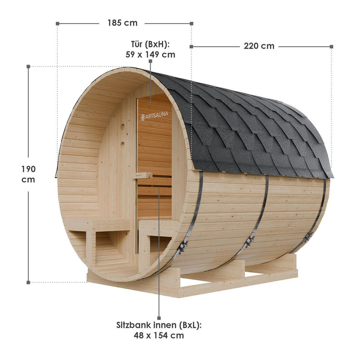 FASSSAUNA Spitzbergen 220 cm mit zwei Bänken (6 Personen) - Naturfarben, Holz (185/190/220cm) - Artsauna
