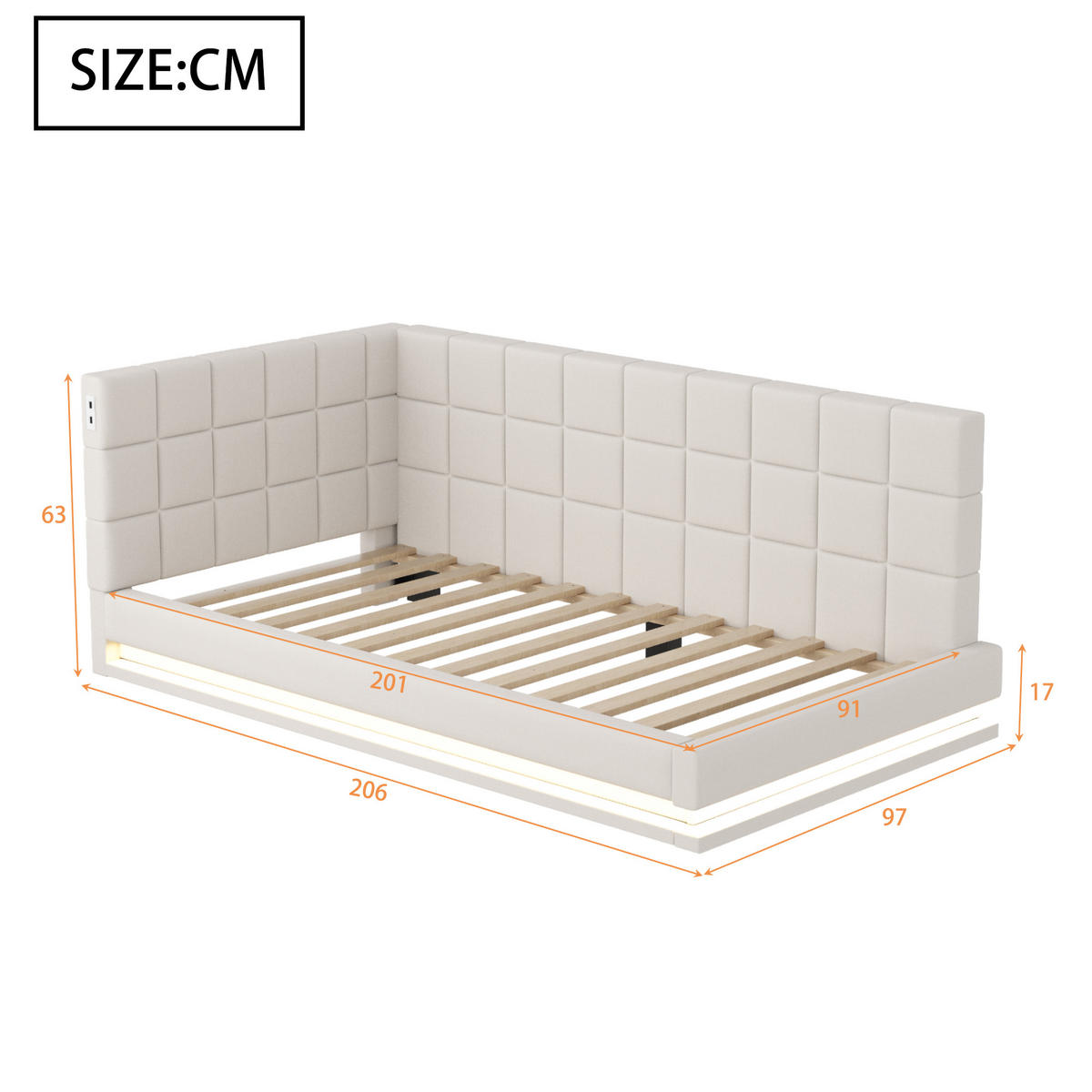 POLSTERBETT 90/200 cm mit LED-Beleuchtung und USB-Steckdose Leinenstoff Beige - Beige, Textil (90/200cm) - OKWISH