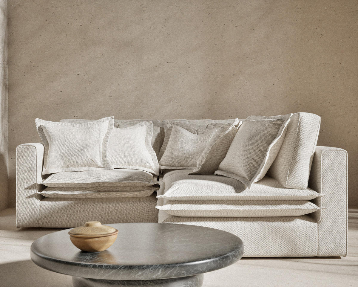 ECKSOFA Amalfi Creme Chenille-Stoff - Creme/Schwarz, Holz/Holzwerkstoff (238/222cm) - Maison de Reve