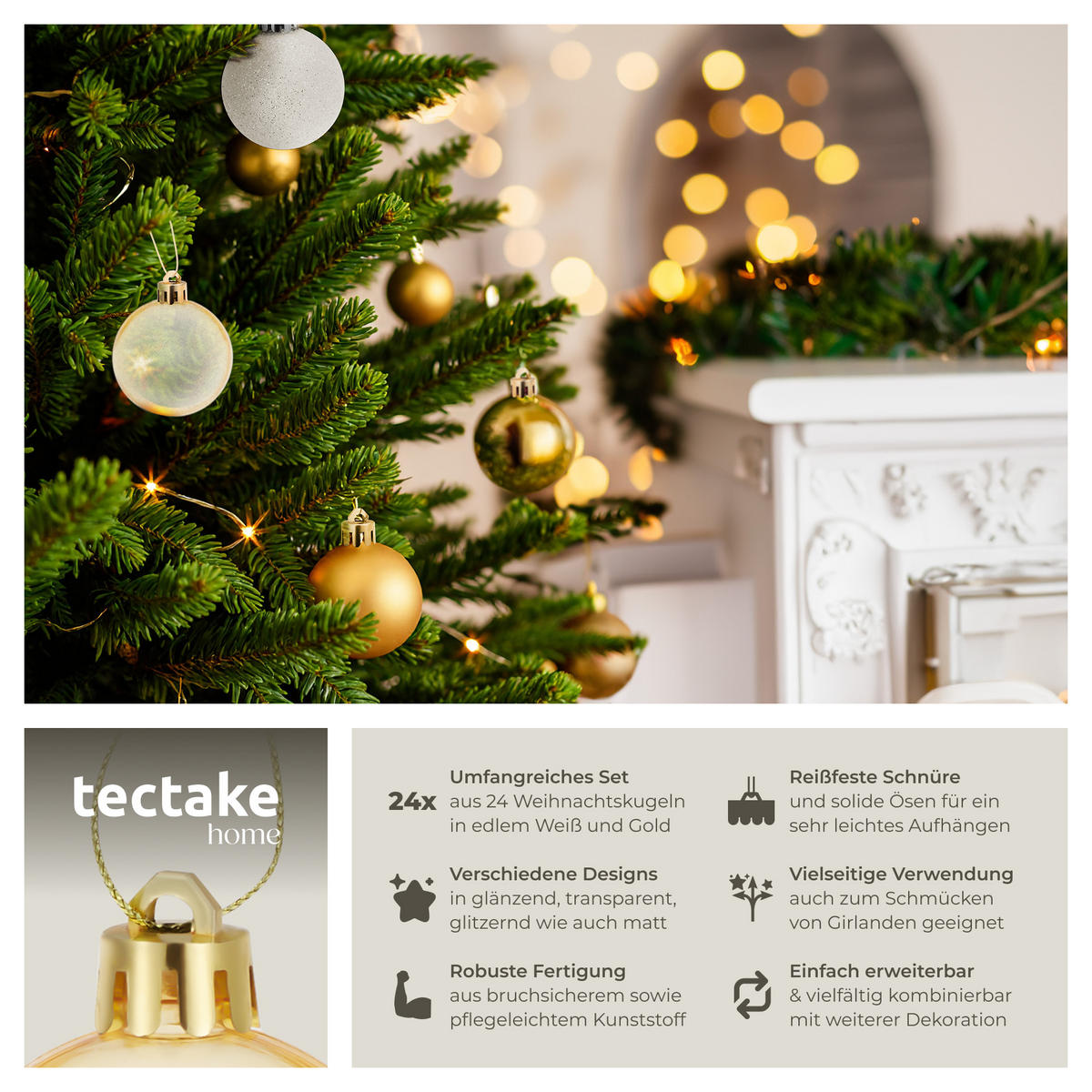 WEIHNACHTSKUGELN ,Durchmesser 4 cm,gold/weiß - Goldfarben/Weiß, Textil (4/4/4cm) - tectake