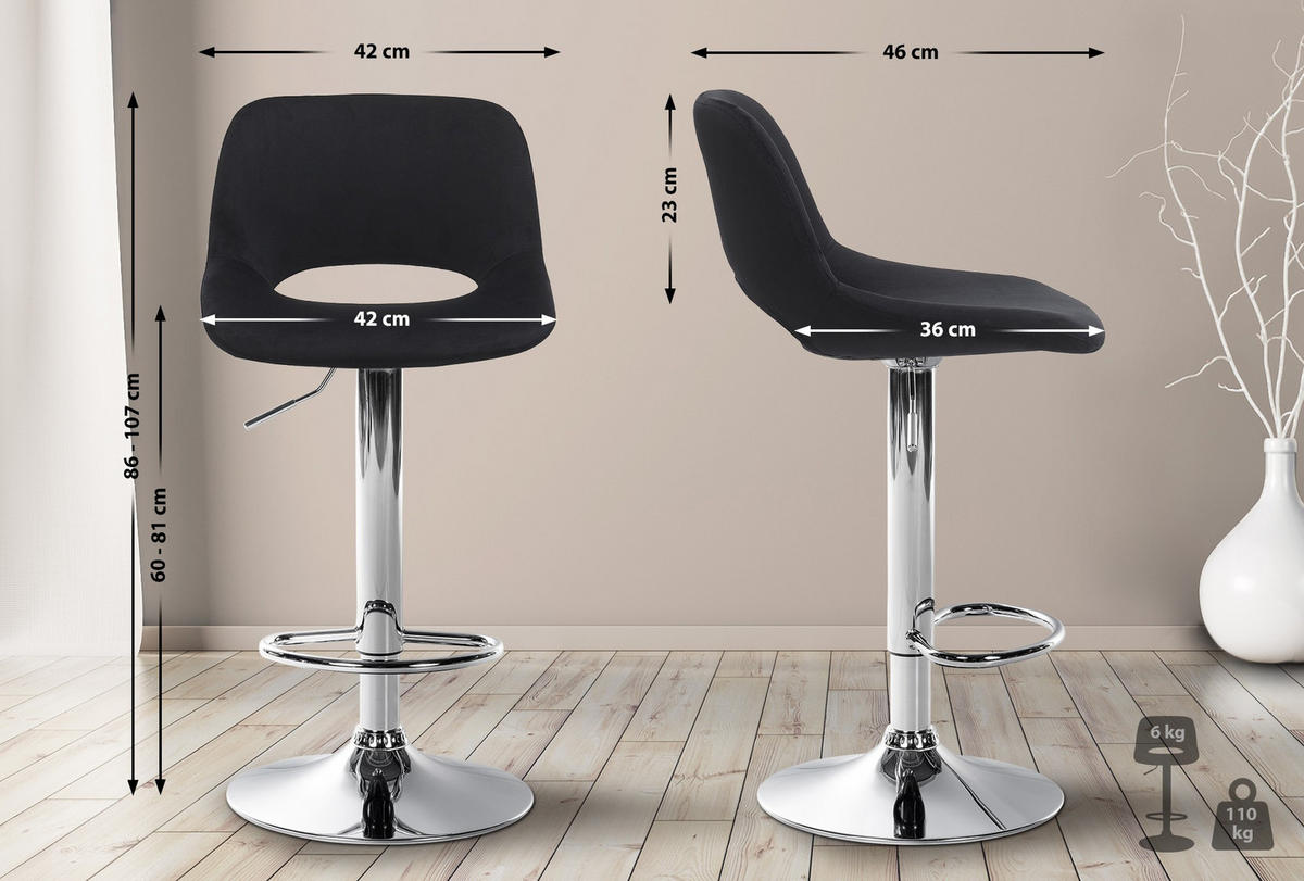 BARHOCKER 2er Set Samt schwarz - Chromfarben/Schwarz, Textil/Metall (42/86/46cm) - CLP