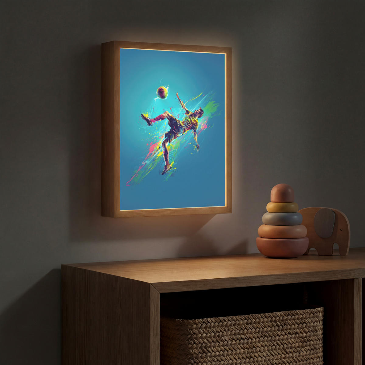 NACHTTISCHLAMPE MIT AKKU Fußballer - Farbspritzer - Farbenfroh - Ball 30x40 cm - Blau, Holzwerkstoff (8/30/40cm) - OnlyWow