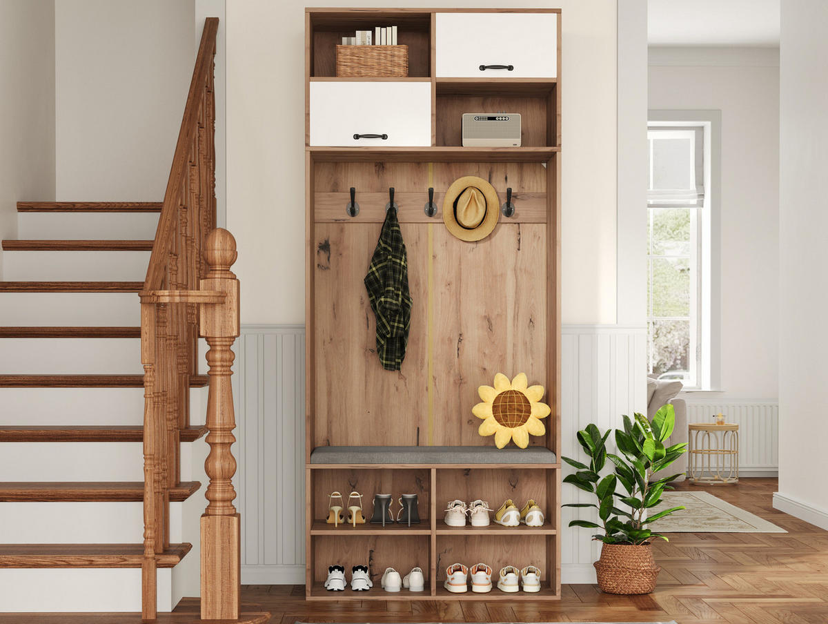 GARDEROBE vielseitig mit Schubladen und Türen, 80/35/185 cm, Weiß und Naturfarben - Naturfarben, Holzwerkstoff (80/185/35cm) - Redom