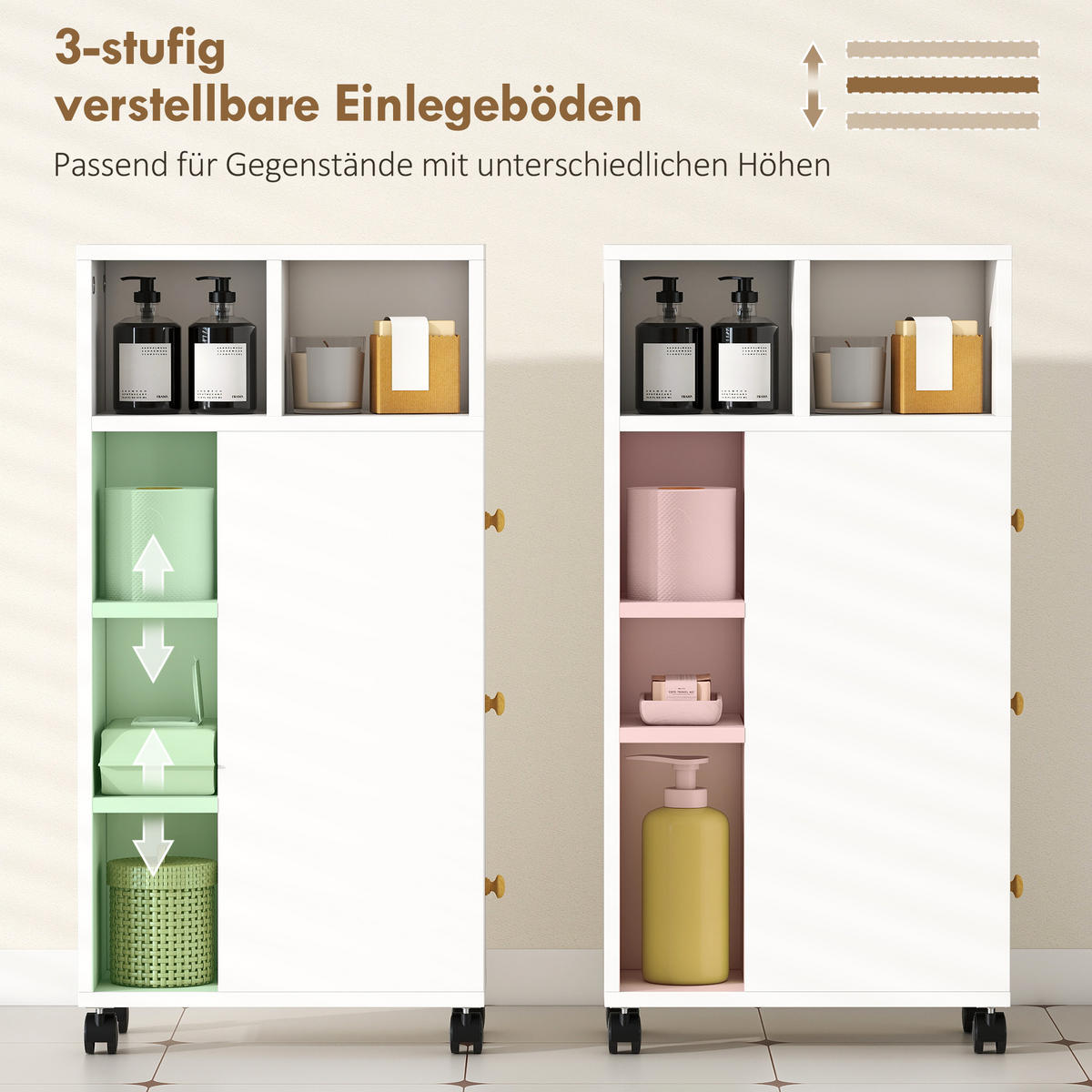 BADEZIMMERSCHRANK Schmal mit 4 Rollen, 3 Schubladen, 5 offenen Fächern, Weiß - Weiß, Holzwerkstoff (20/80/40cm) - HOMCOM