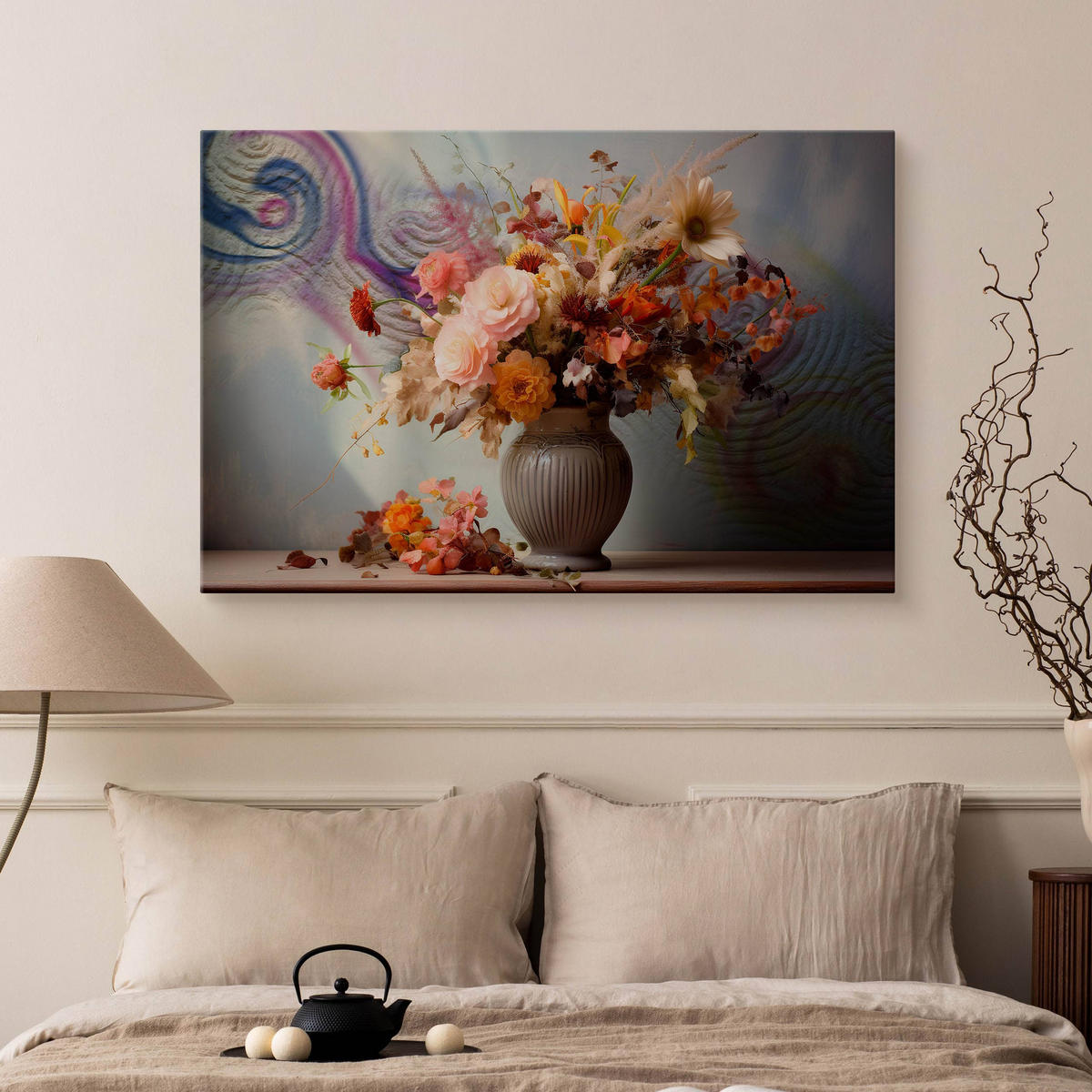 LEINWANDBILD für Wohnzimmer Ornamenten Blumenstrauß in Vase 30cm x 20cm - Blau/Beige, Textil (30/20cm) - Muralo