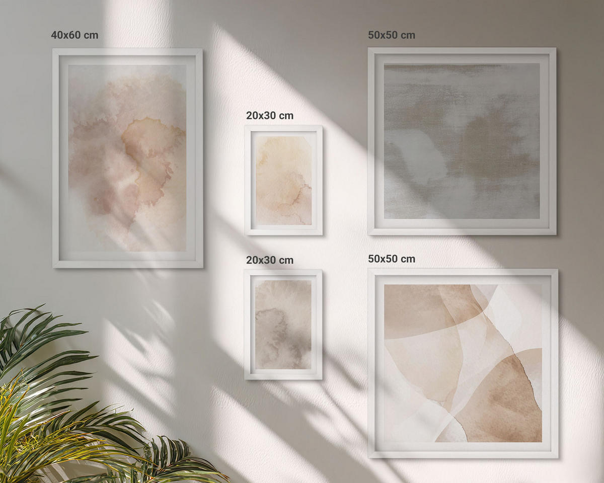 BILDER SET 5er Set - 50x50 cm & 20x30 cm & 40x60 cm Weißer Rahmen - Warme Aquarell-Pastelltexturen - Weiß, Kunststoff (40/60cm) - TULUP