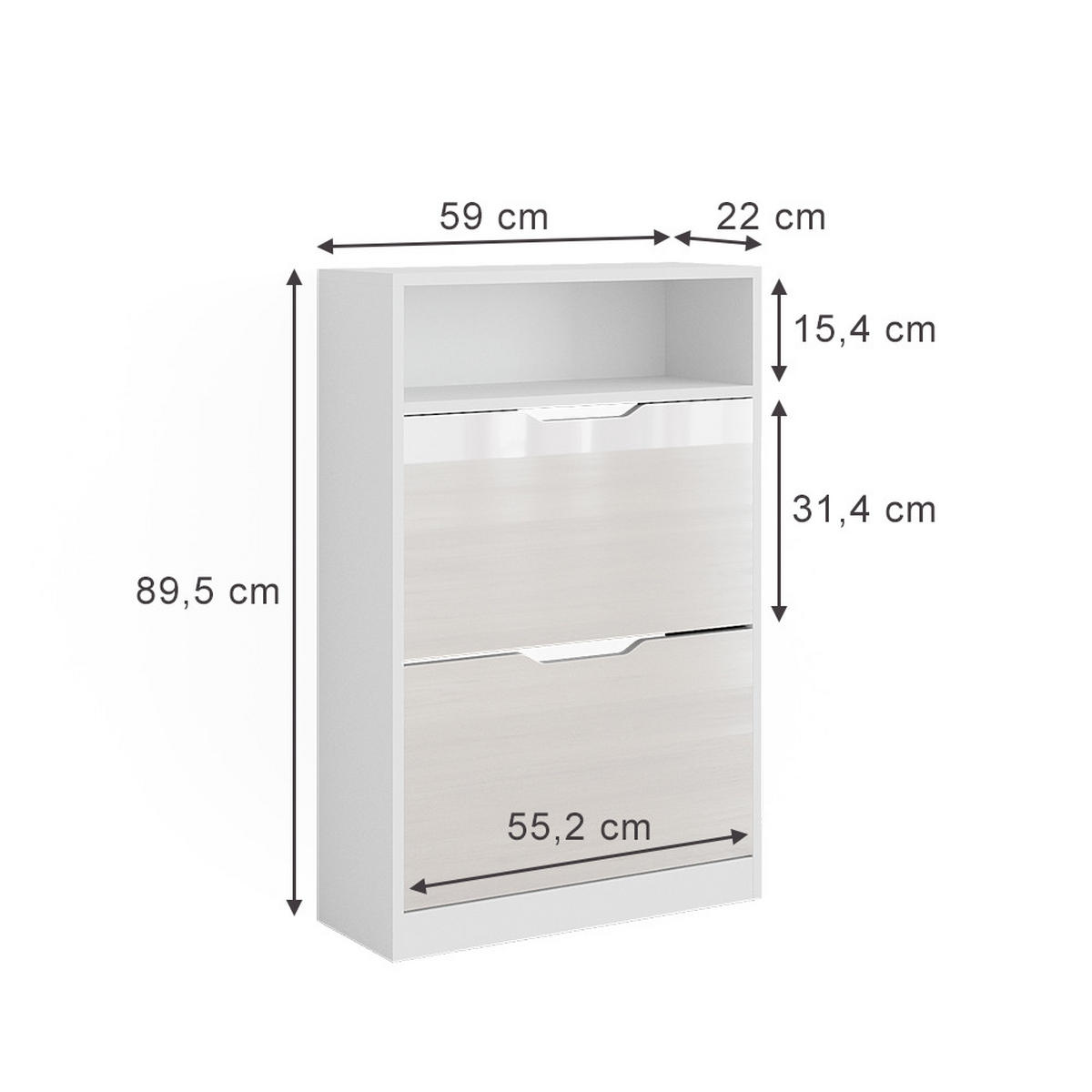 SCHUHKIPPER Luca Weiß Hochglanz 22 x 89.5 cm mit 2 Fächern - Weiß Hochglanz, Holzwerkstoff (59/89.5/22cm) - Vicco
