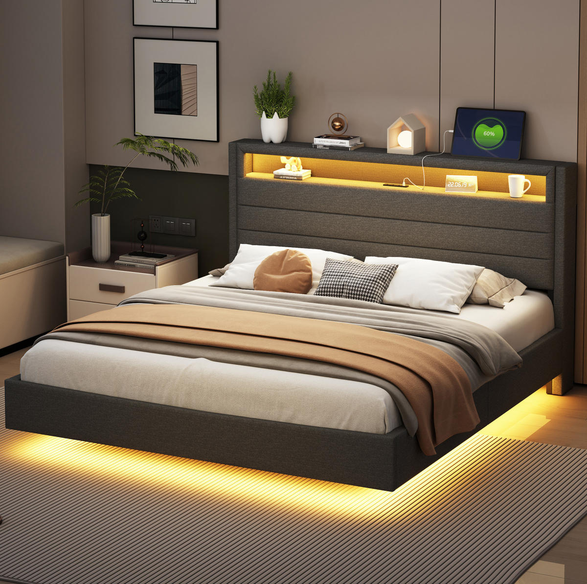POLSTERBETT 160/200 cm mit LED-Beleuchtung, USB-Anschluss und gepolstertem Kopfteil - Grau, Textil (160/200cm) - BEAOK