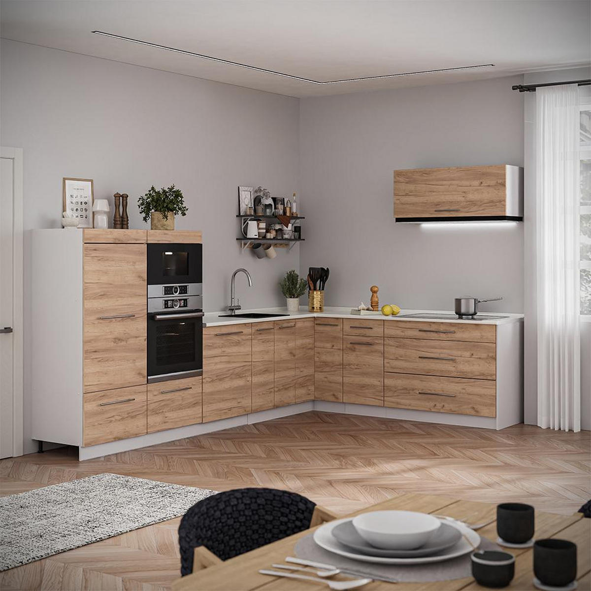 KUHINJA V OBLIKI ČRKE L Fame-Line, Zlati hrast z močjo/Bela, 327 x 227 cm, DP Hrast - barve hrasta/bela, leseni material (327/153.6/60cm) - Vicco