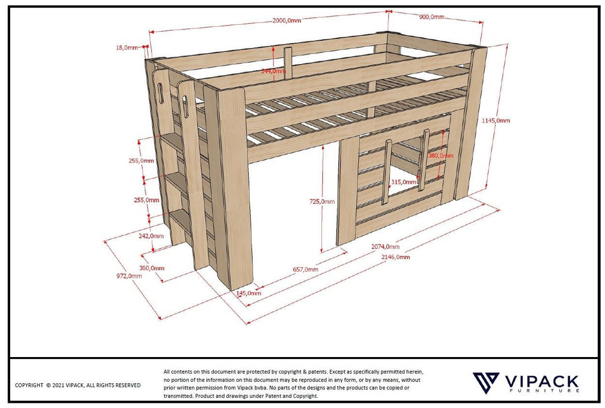 HOCHBETT Katha 215x115x97 aus Massivholz in Kiefer - Kieferfarben, Holz (90/200cm) - 58aufmkessel