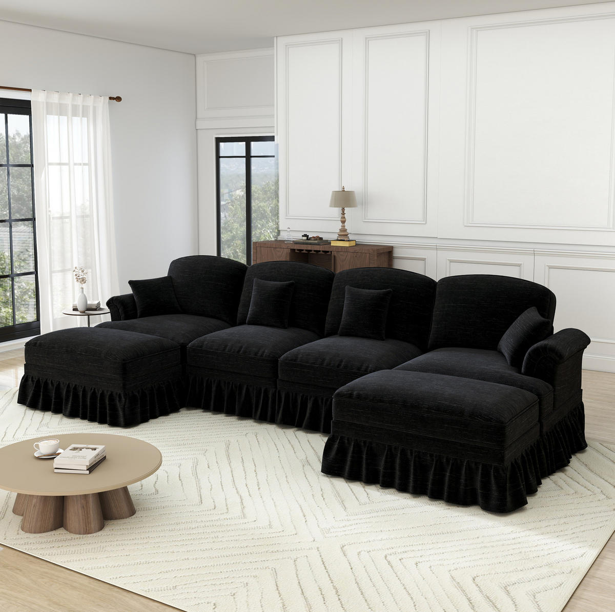 ECKSOFA 350/140/93 cm schwarz aus Chenille mit abnehmbarem Volant und beweglichem Hocker - Schwarz, Textil (140/350cm) - OKWISH