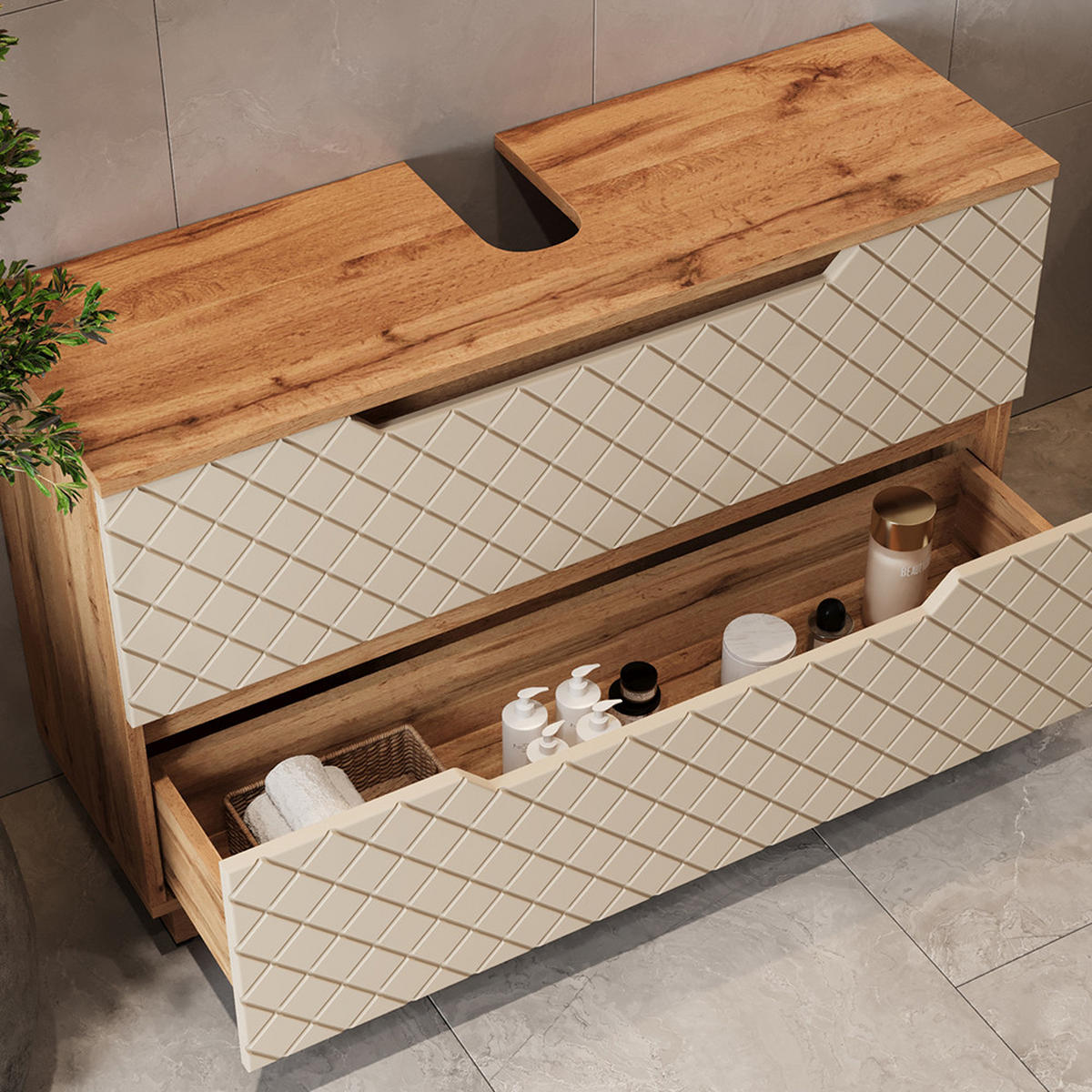 WASCHBECKENUNTERSCHRANK Lotta Eiche/Kaschmir mit Kachelstruktur 99.4 x 62.5 cm mit 2 Schubladen - Kaschmir/Eichefarben, Holzwerkstoff (99.4/62.5/32cm) - Vicco
