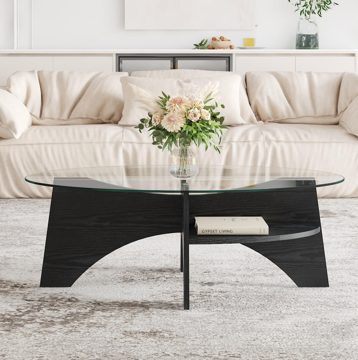 BEISTELLTISCH aus MDF und Glas 104,9x60x35,6 cm Schwarz/Transparent mit Sicherheitsglas und fächerförmigem Gestell - Schwarz, Holzwerkstoff (104.9/60/35.6cm) - Modfu