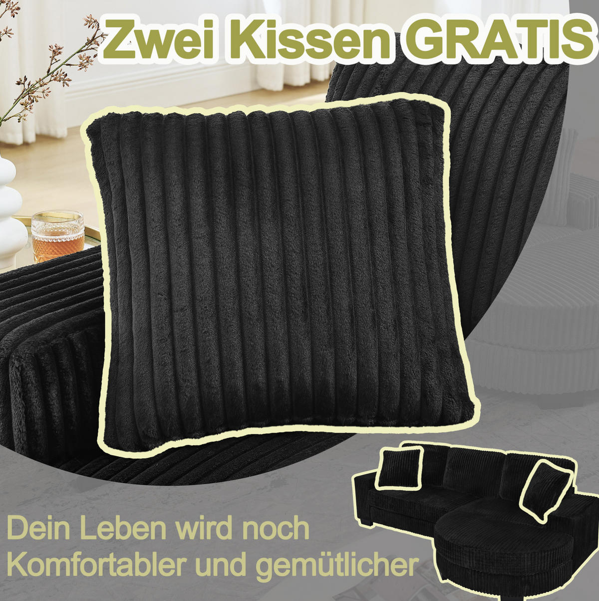 ECKSOFA 256,5/133,5/89 cm schwarz aus Corduroy mit Hocker - Schwarz, Kunststoff (133.5/256.5cm) - OKWISH