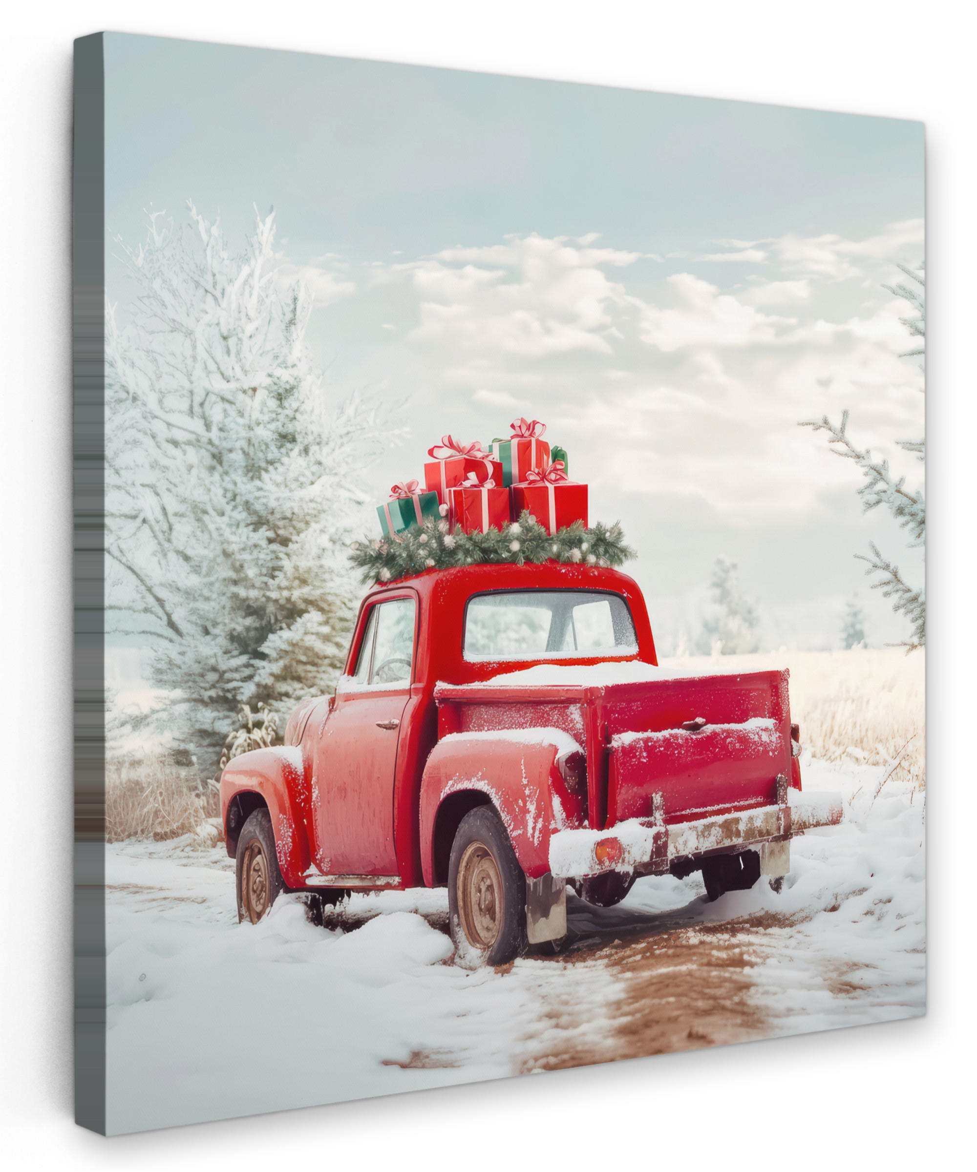 LEINWANDBILD Auto - Rot - Geschenke - Winter - Schnee - Weihnachten 50x50 cm - Rot, Textil (50/50cm) - MuchoWow