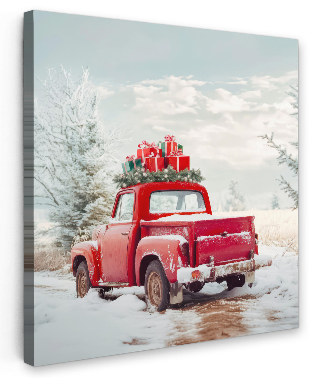LEINWANDBILD Auto - Rot - Geschenke - Winter - Schnee - Weihnachten 50x50 cm - Rot, Textil (50/50cm) - MuchoWow