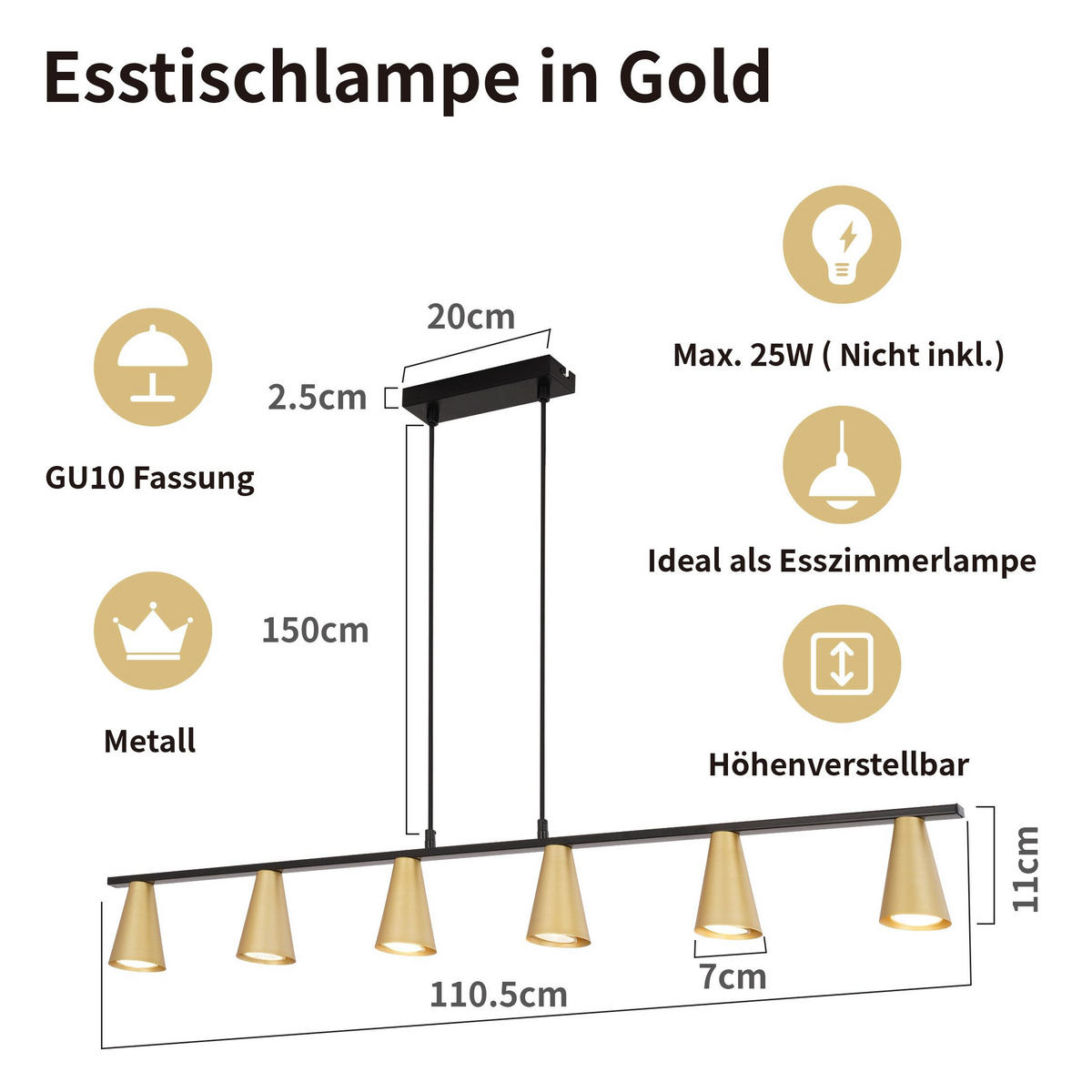 PENDELLEUCHTE Violet 110/7/160 cm - Goldfarben, Metall (110/7/160cm) - ZMH