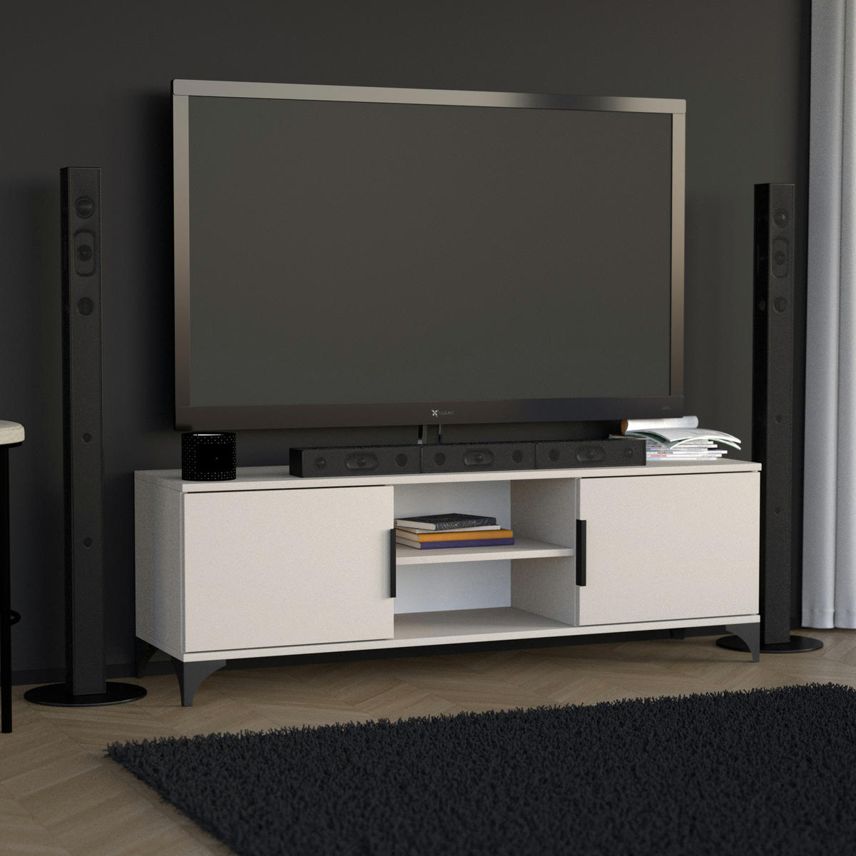 LOWBOARD Home mit 2 Türen, mit Griffen, Kaschmir - Kaschmir/Schwarz, Holzwerkstoff (150/50/40cm) - Beautysofa