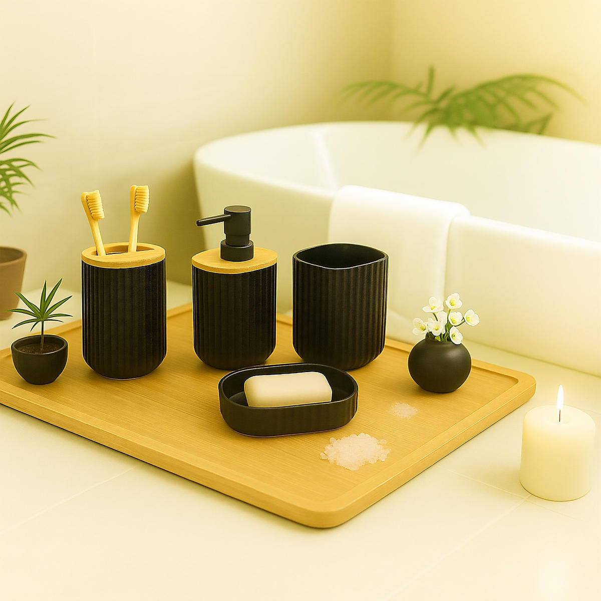 BADEZIMMER-SET 6-tlg. - Schwarz, Holz/Kunststoff (18/27/18cm) - Relaxdays