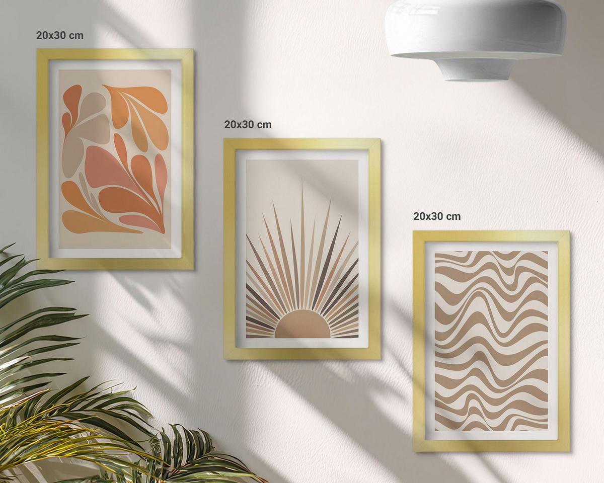 WANDBILDER 3er Set - 20x30 cm Goldrahmen - Sonnen-Boho-Pastelltönen - Goldfarben, Kunststoff (20/30cm) - ArtPrintCave