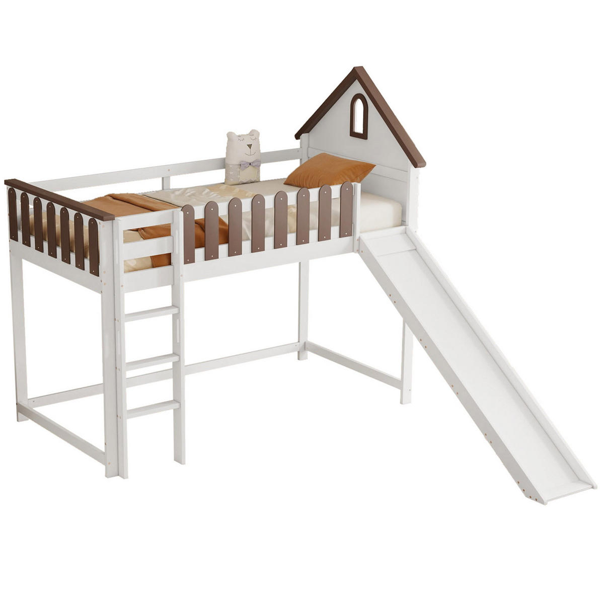 HOCHBETT aus Kiefernholz und MDF 90x200 cm Weiß/Walnuss mit Rutsche und gerader Leiter - Weiß, Holzwerkstoff (90/200cm) - IVMEU
