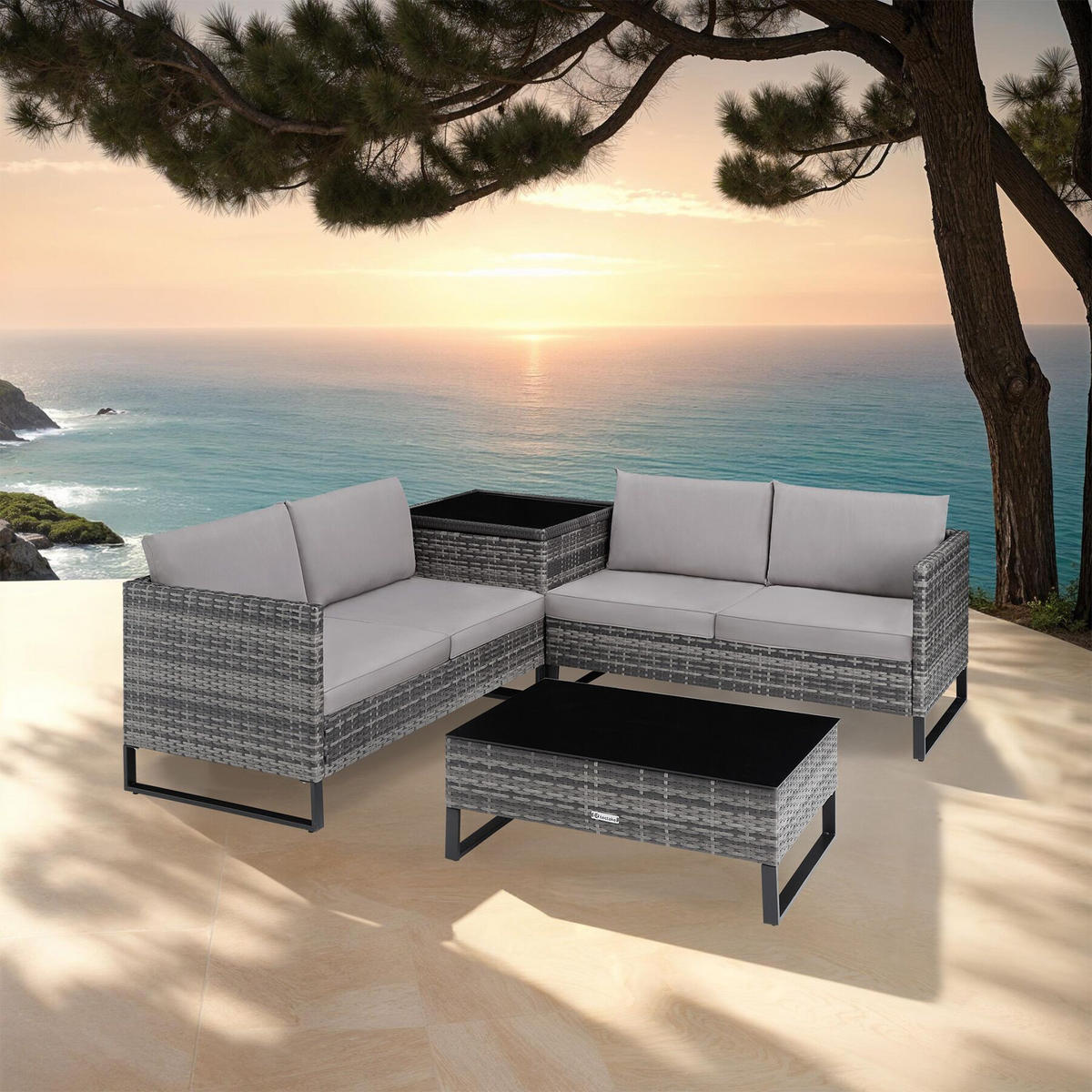 RATTANLOUNGE Ostuni,mit Sicherheitsglasplatte,grau - Grau, Kunststoff - tectake
