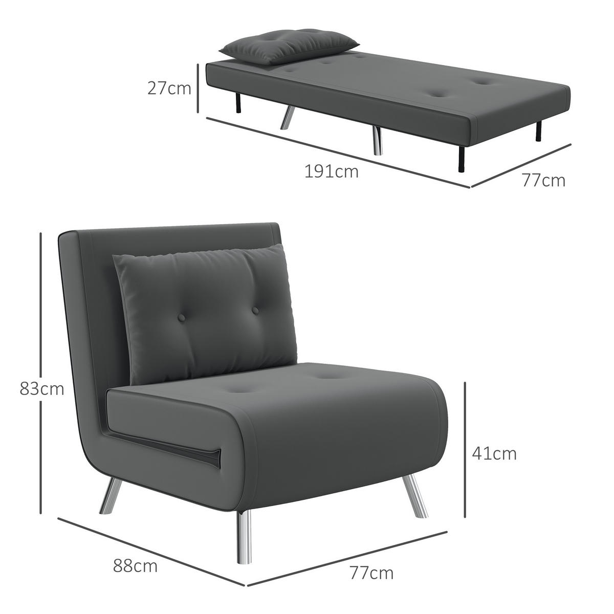 SCHLAFSESSEL Klappsessel mit Bettfunktion, Einzelsofa mit Kissen, Samtoptik - Dunkelgrau/Silberfarben, Textil/Metall (88/83/77cm) - HOMCOM