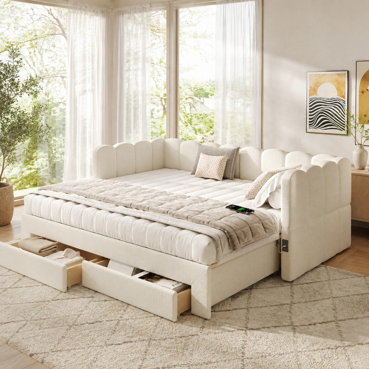 POLSTERBETT 90/190 mit Ausziehfunktion, 2 Schubladen und USB-Anschluss in Beige - Beige, Holzwerkstoff/Textil (90/190cm) - EVRYAE