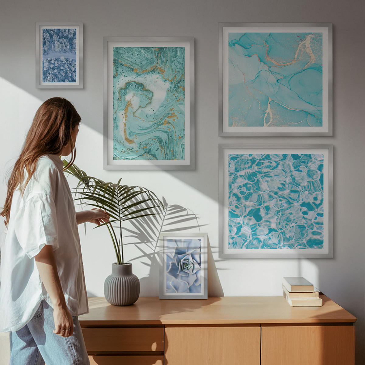 WANDBILDER 5er Set - 50x50 cm & 20x30 cm & 40x60 cm Silberner Rahmen - Pflanzenmuster große minimalistische Sonnen - Silberfarben, Kunststoff (40/60cm) - ArtPrintCave