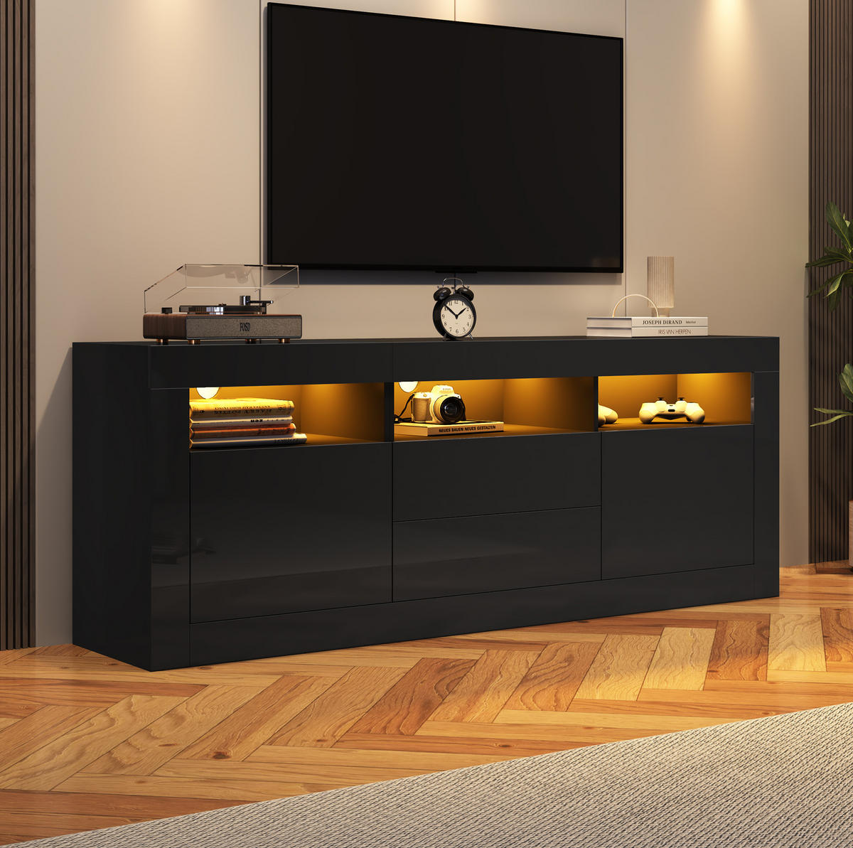 TV-SCHRANK mit LED-Beleuchtung 160 x 35 x 60 cm Hochglanz Schwarz - Schwarz, Holzwerkstoff (35/60/160cm) - Beauniv