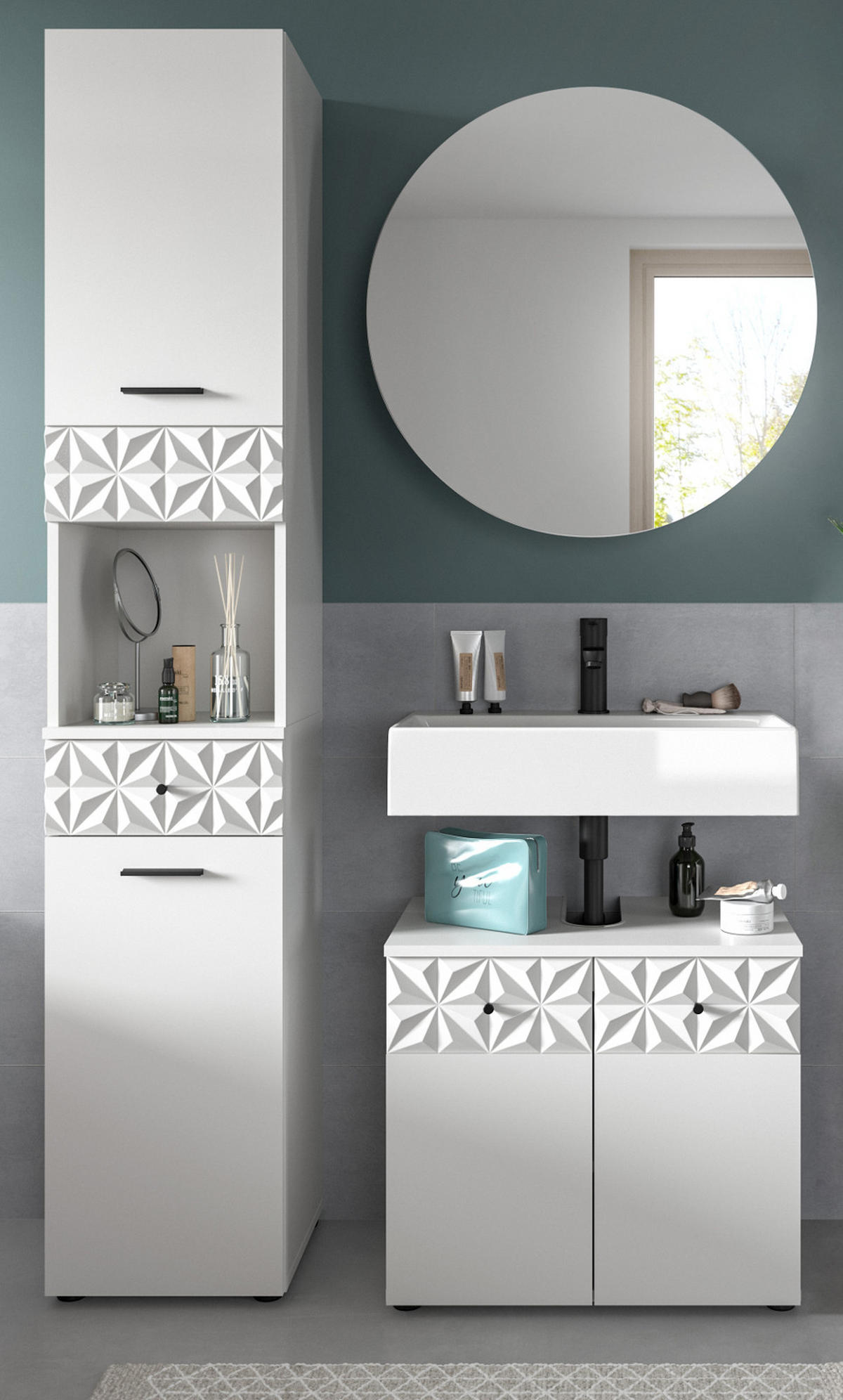 BADMÖBEL-SET weiß Hochglanz 3-teilig 120 cm, Komplettset mit 3D-Struktur - Weiß Hochglanz, Glas/Holzwerkstoff (195/187/37cm) - Inn.Furn