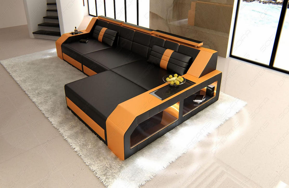 COUCH Arezzo L Schwarz Orange Ledermix - Schwarz, Textil (308/194cm)