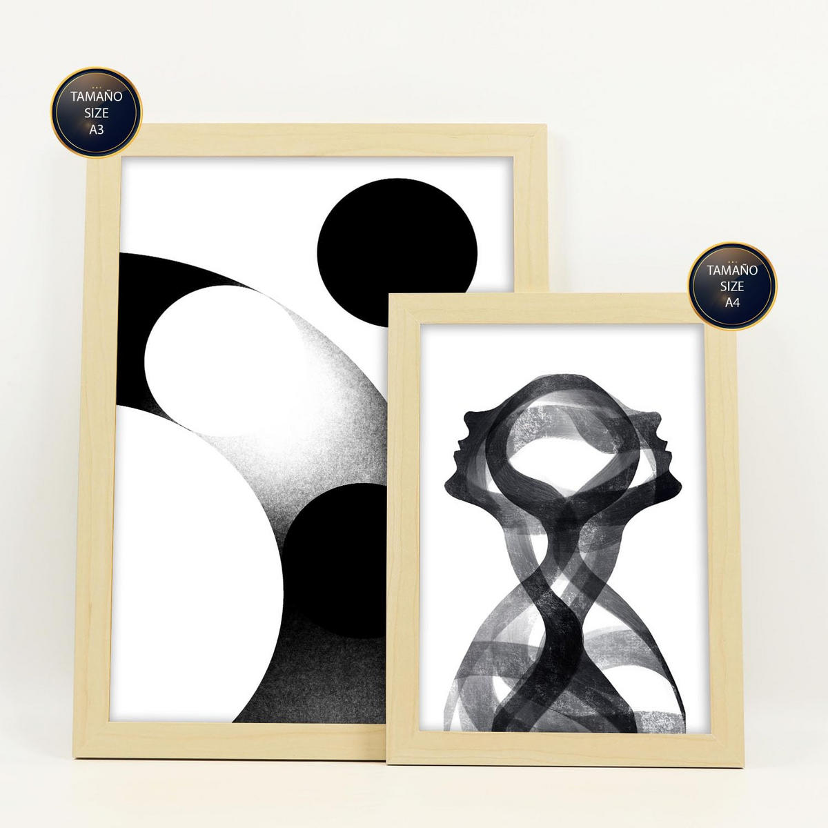 POSTER Set Mit 6 Stille Streifen In Liebhaber Abstrakt Ästhetische Dekorative Gemälde Für Ihr Wohnzimmer Zuhause A3 & A4 Rahmen Aus Hellem Holz - Beige, Papier (29/3cm) - Nacnic