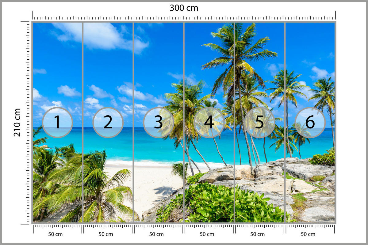 FOTOTAPETE Strand Palmen Ozean Landschaft 3D 300x210 - Blau/Beige, Papier (300/210cm) - Muralo