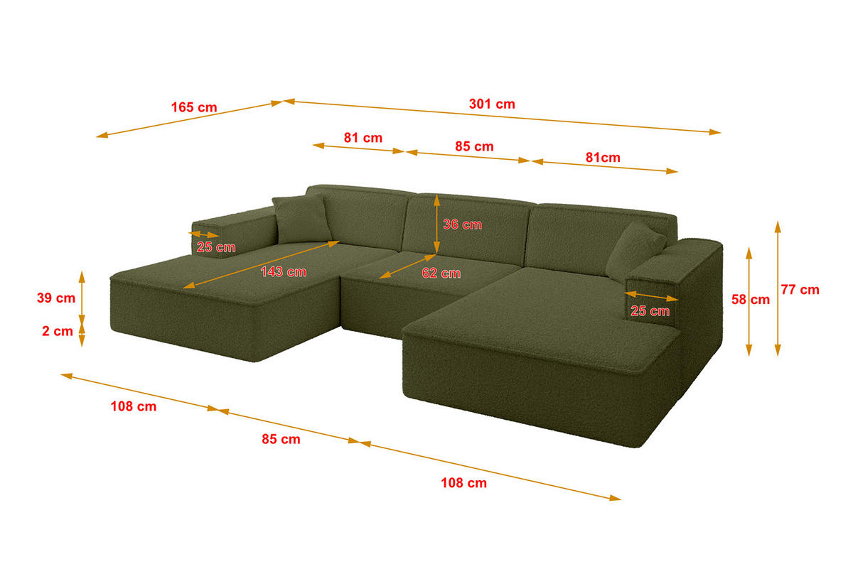 WOHNLANDSCHAFT IREA-U1-v4 - 301x165x77 cm Grün - Platinfarben, Holzwerkstoff/Textil (301/77/165cm) - ALTDECOR