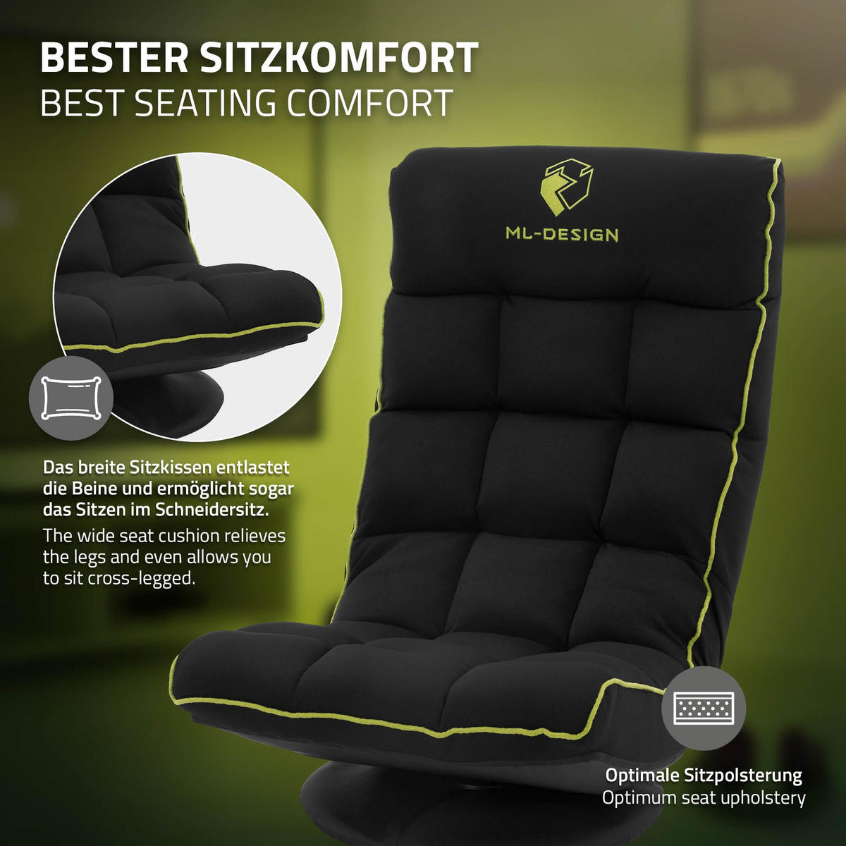 HERNÍ PODLAHOVÁ ŽIDLE Černá-zelená látkový potah, otočná o 360° a nastavitelná - černá/zelená barva, textil (56/85/92cm) - ML-DESIGN