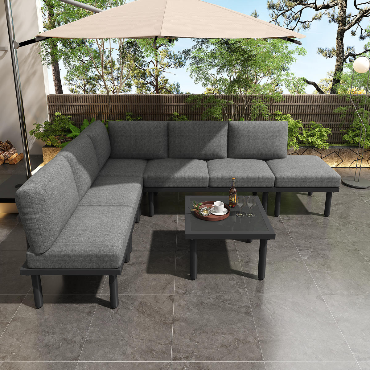 GARTENLOUNGE-SET 6er-Set Gartenmöbel Set Outdoor Sitzgruppe mit Sofa und Glas Tisch - Schwarz/Grau, Textil/Metall - STILVORA