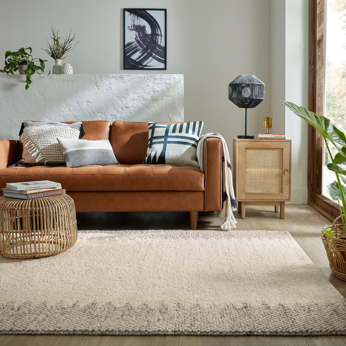WOLLTEPPICH Handgewebt mit Noppeneffekt und geometrischem Bordürendesign pflegeleicht und strapazierfähig Beige Rechteckig 80x150 - Beige, Textil (80/150cm) - KADIMA DESIGN