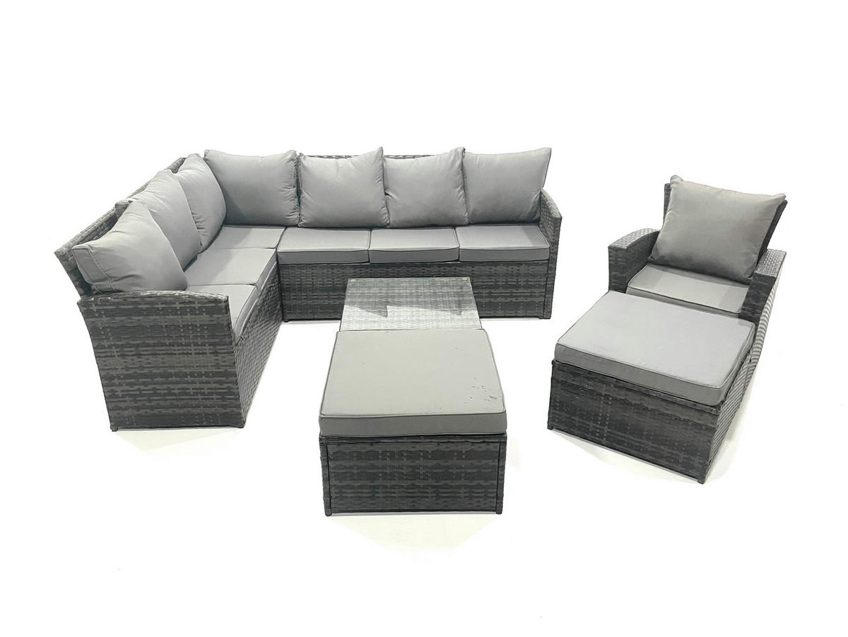 GARTENGARNITUR mit Ecksof,Couchtisch,2 Fußhocker Polyrattan Dunkelgrau 9-Sitzer - Dunkelgrau/Grau, Glas/Kunststoff - Fimous